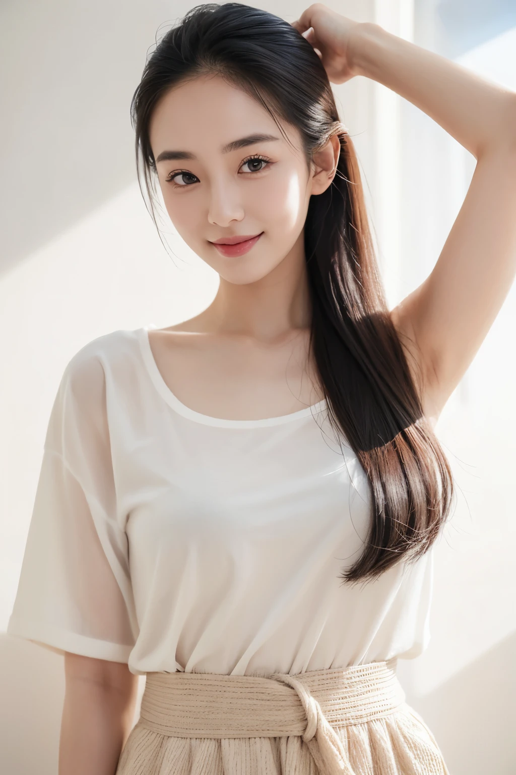 Top quality, 1 beautiful kawaii female model, japanese, Wide forehead, Wide forehead, thin eyebrows, smiling, Upper Body, Gravure model's body type, stylish, high-quality clothing, wearing simple lux fashion, influencer, instagram, in resort,

