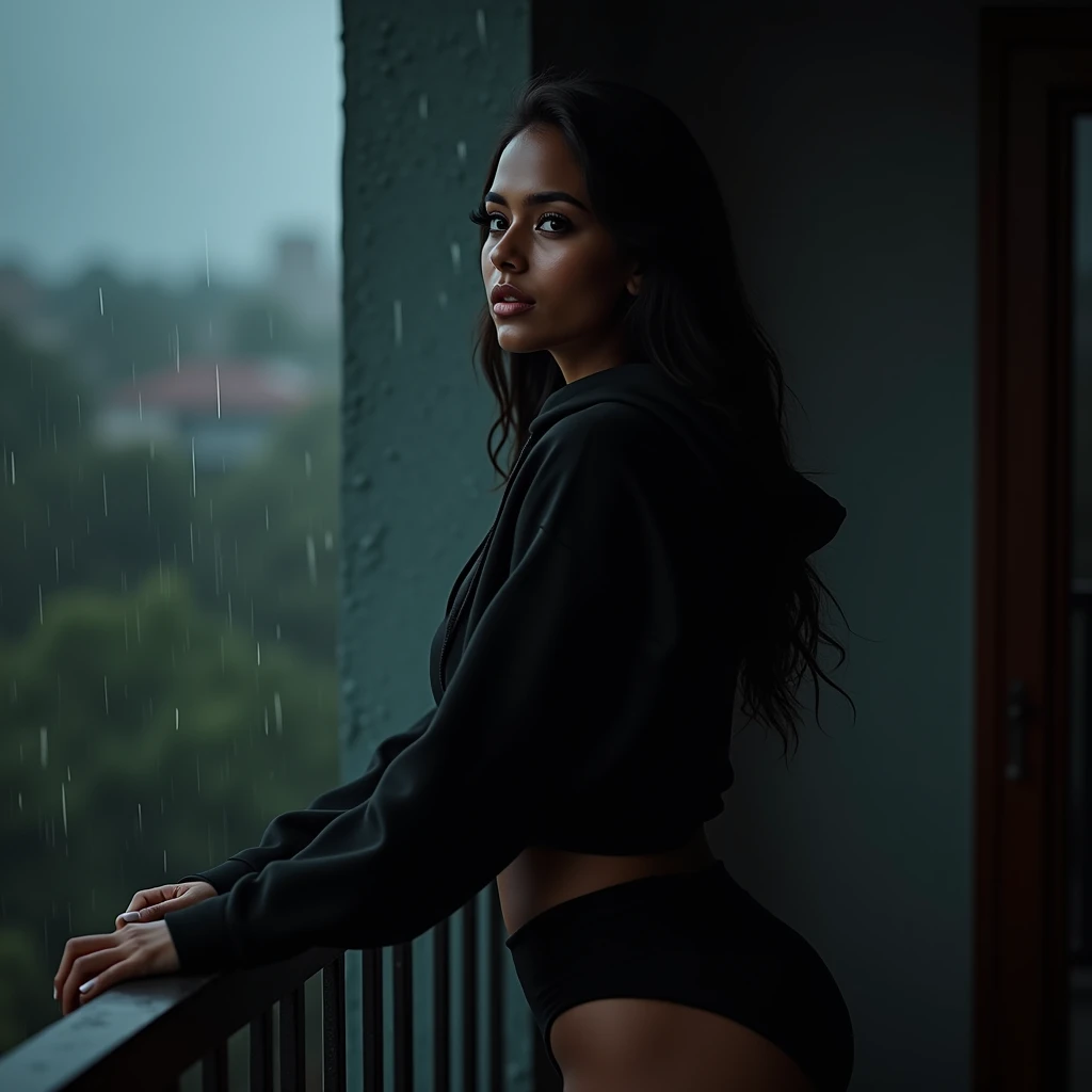 best quality,4k,8k,highres,masterpiece:1.2),ultra-detailed,(realistic,photorealistic,photo-realistic:1.37),srilankan 25 year old girl, with attractive facial features,beautiful detailed eyes,beautiful detailed lips,extremely detailed eyes and face,longeyelashes, fair skin tone. big breasts. wearing a black hoodie and black shorts, rainy day, dark atmosphere, posing elegantly for an instagram picture. standing on her room balcony while its raining. both hands holding the balcony fence, she's admiring the rain