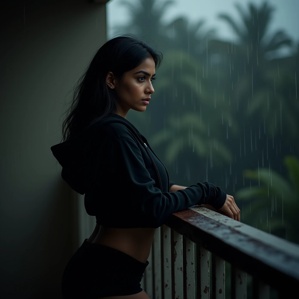 best quality,4k,8k,highres,masterpiece:1.2),ultra-detailed,(realistic,photorealistic,photo-realistic:1.37),srilankan 25 year old girl, with attractive facial features,beautiful detailed eyes,beautiful detailed lips,extremely detailed eyes and face,longeyelashes, fair skin tone. big breasts. wearing a black hoodie and black shorts, rainy day, dark atmosphere, posing elegantly for an instagram picture. standing on her room balcony while its raining. both hands holding the balcony fence, she's admiring the rain
