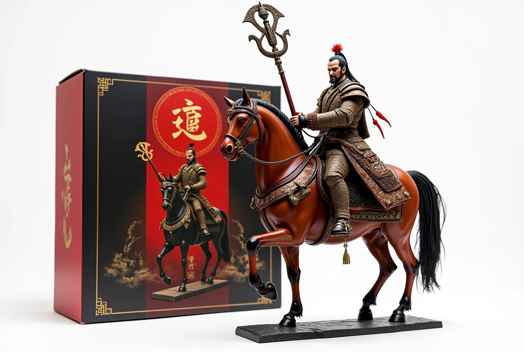 A 50cm action figure of Lu Bu is riding a red-brown horse, holding a halberd in his hand. On the side, there is an action figure packaging box with an image of the Lu Bu action figure. The box is red, gold, and black, measuring 80×120cm, with the text "(Lu Bu)" on the background. There are hands, head, and effect parts of the action figure. The background is white.