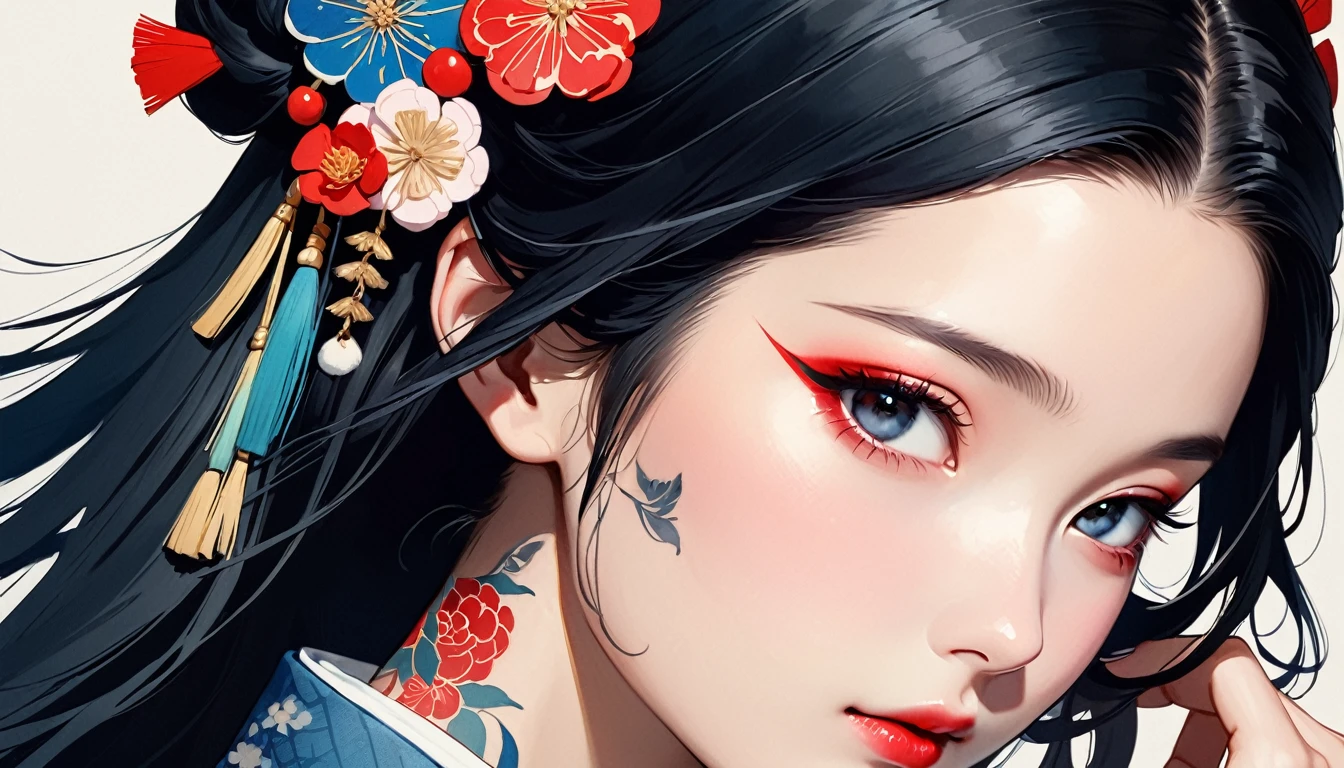 (((Ink Painting))), Fashion portrait color photos, (((1 girl))), (((Tattoo on face))), (((Gorgeous hair accessories))), Japanese style headphones, face close-up, Japanese beautiful girl, Black Hair, Delicate and precise, Modern ukiyo-e style,Japan, Japanese flag