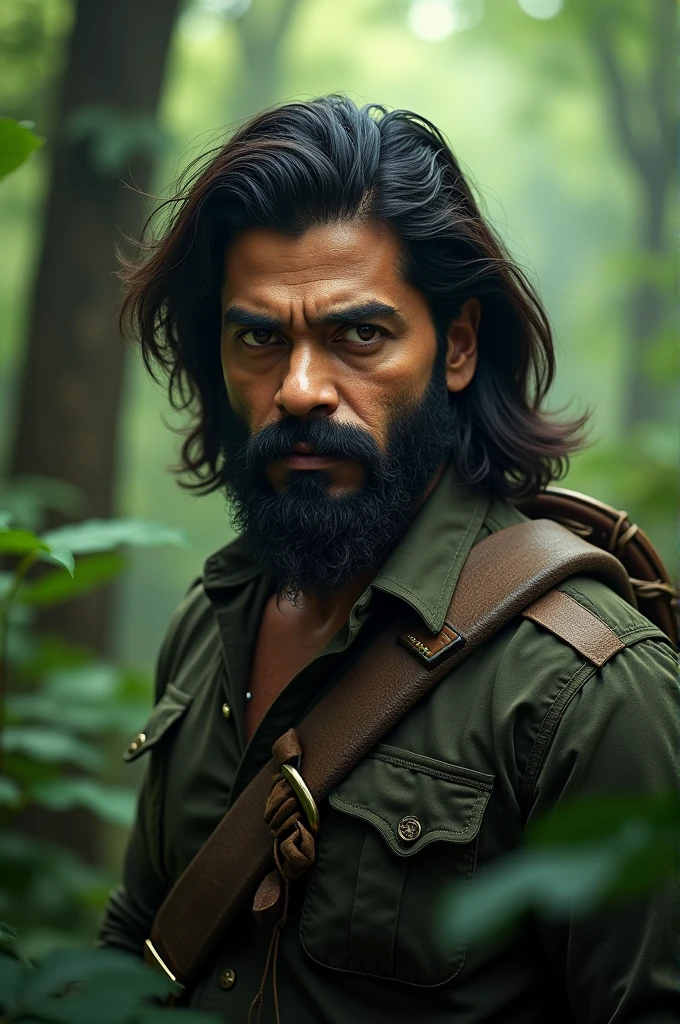 Generate an image of maheshbabu with beard and long hair from movie ssmb29 directed by rajamouli which is a forest adventure