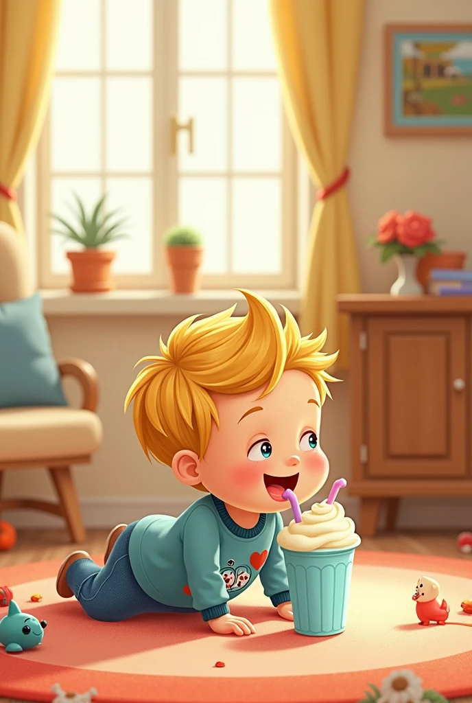 children's book illustration of a 4 yo blonde boy crawling and drinking a milk shake