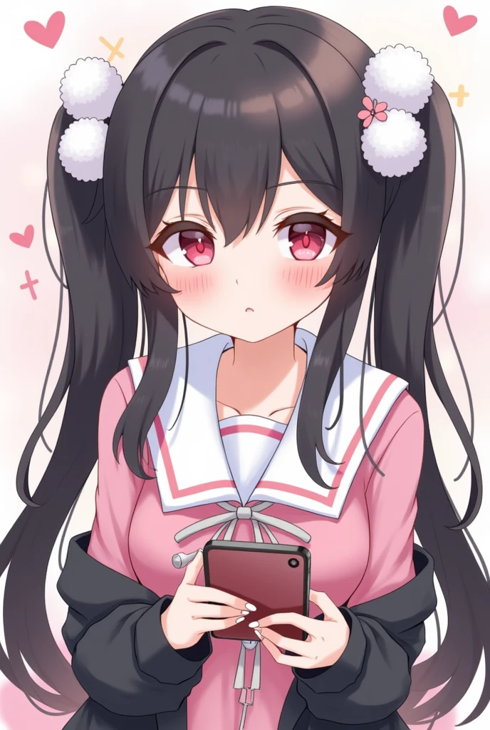 One person, Black Hair,Pink inner color,Long Hair, bangs,Half pigtails Close your mouth, Pink eyes, Droopy eyes,Take a closer look, Hearts in eyes, Simple Background, ribbon, Headband, White fluffy hair accessories, earphone, anime, anime風, skirt,Pale skin,Frills,Mine system,smartphone,Looking down,No eyebrows,Red eyeshadow under the eyes,Pink Sailor Suit,Dark cardigan,Drooping eyes,Confused eyes