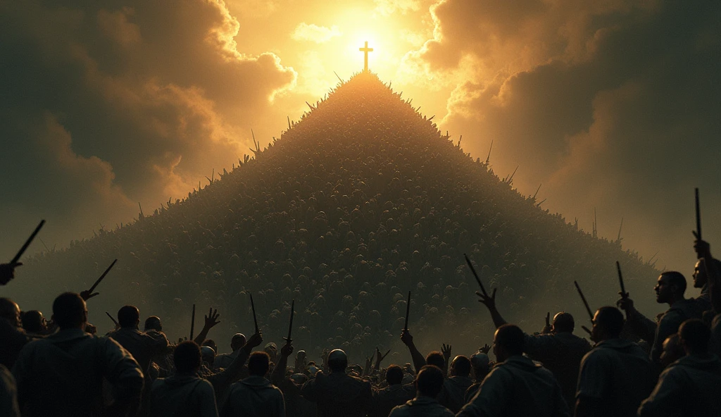 A chaotic scene of countless people desperately climbing over each other, creating a towering pile of humans. The crowd is struggling to reach the top, where a divine light shines down from above. The atmosphere is dark and serious, with a stark contrast between the shadows and the radiant light at the summit, cinematic, gritty intense