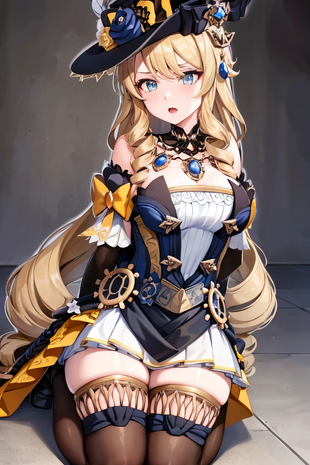 navia_gi, looking at viewer, bad mood, sweat, open mouth, skirt, thighhighs, gloves, hat, dress, holding, bare shoulders, ((hands tied behind)), (arms behind back), sitting on the knees, ((seiza)), indoors, detached sleeves, garter straps, drill hair, brown gloves, brown headwear, basement, concrete floor, concrete wall, 