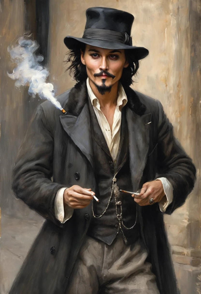 (good quality), (many details), (masterpiece), A man with hat and cigarette, resembles a young johhny Depp, open coat with fur collar, bare chest (hairy), hat( gray with white band), wavy shoulder-length black hair, coin playfully between fingers, trickster, gypsy, small beard, full body image, mischievous laugh, oval face