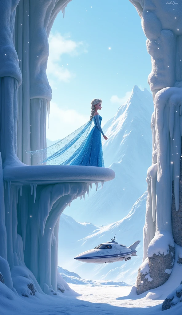 image: Elsa standing on the balcony of the sparkling ice castle, all around is white snow falling gently. In the distance is a pale blue sky and snow-capped mountains..Below, A small spaceship is landing in front of the castle gate..