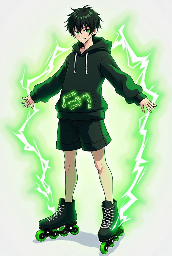 Could you please create an Anime Character. A male character with black hair reaching his ears, bright green eyes, wearing a black hoodie with green lightning around the waist, black shorts, and a silver ring with a subtle lightning pattern. He has a green lightning aura. He schuld wear cool black inline skates with green weehls.  His hair with a bit green in it. He is 23 years old 
