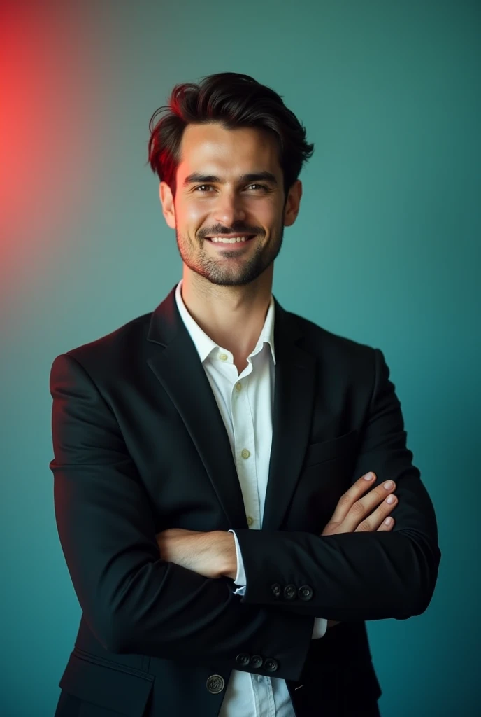 A young man with dark hair and a confident smile. He is dressed in a black blazer over a thite shirt. The man is positioned against aqua colour backdrop  with a subtle red lighting on the left side. And he posing for linkdin pgofile. 