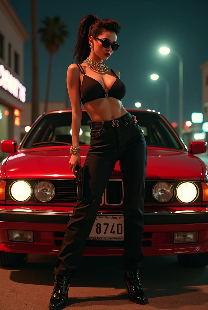 asian bbw with spiky slick hair wearing black wayfarer sunglasses and a purple bathing holding a 9mm standing next to a 1989 red bmw 750 with a big gold chain in south central los angeles at night