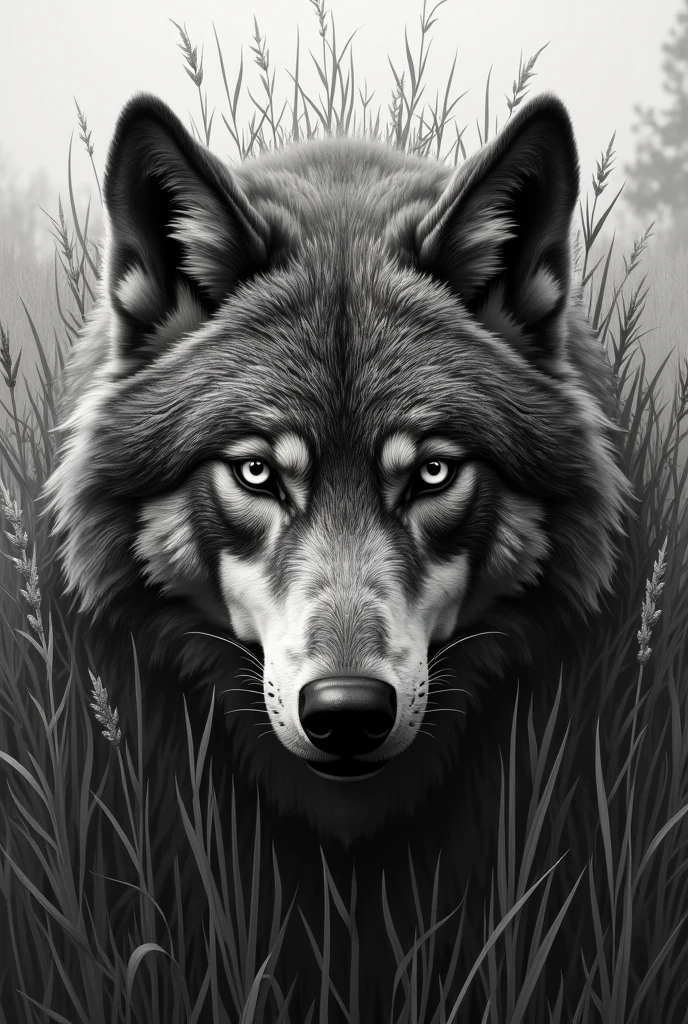 (photorealism:1.2),Draw me a logo of a giant wolf's head with tall grass growing on top, with the wolf facing forward."Here is the black and white logo of a giant wolf's head with tall grass growing on top, facing forward.