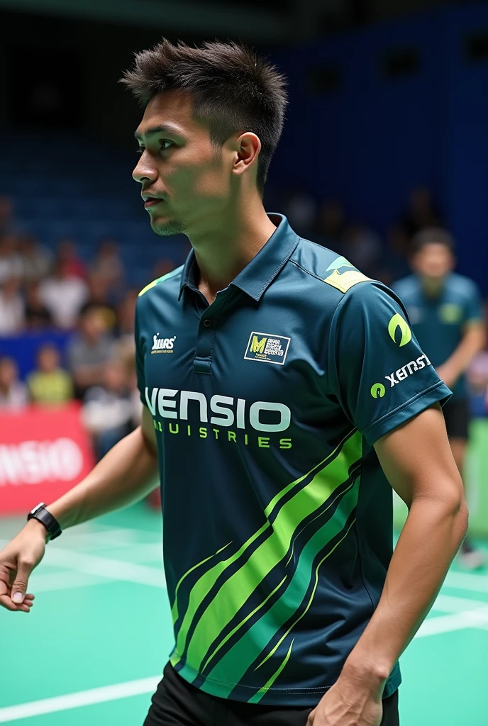 create sublimated badminton shirt with VENSIO INDUSTRIES logo letters on it with 1:1 frame