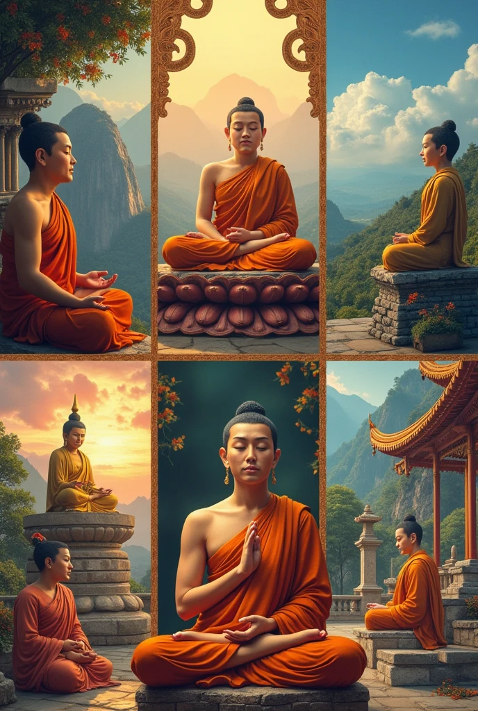 Create a realistic collage about BUDDHISM with 6 images