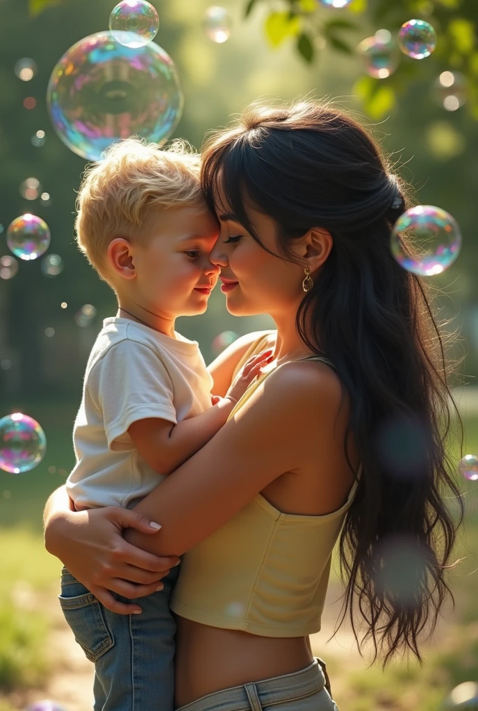 A Brazilian woman with long black hair and bangs, holding her  blond son, woman and son from behind in the photo, Playing with soap bubbles