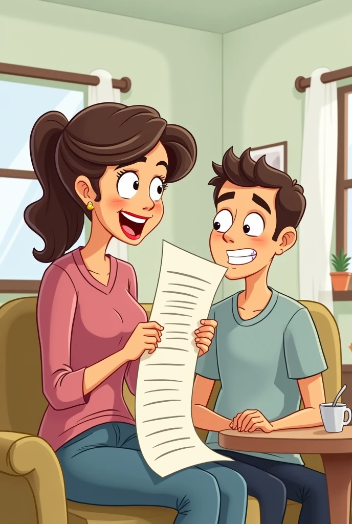 Wife holding a long list and reading in front of husband generate cartoon image 