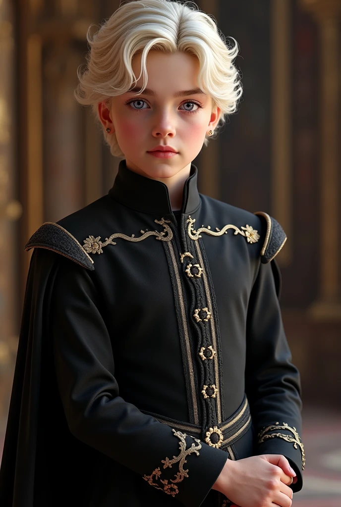 A handsome Aesthetic Targaryen 5 years old Prince with Platinum blonde hair, purple eyes, he's wearing a royal cotton black dress,