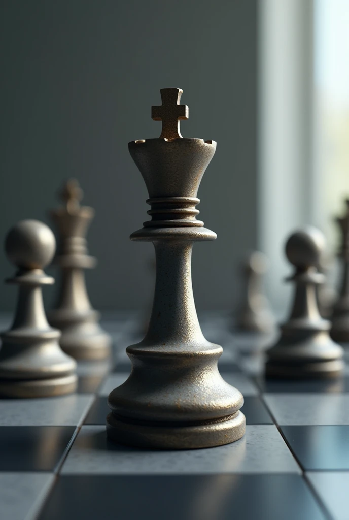 A portrait image of a chess piece in the middle of chess board focused on the chess piece in the middle and space as background