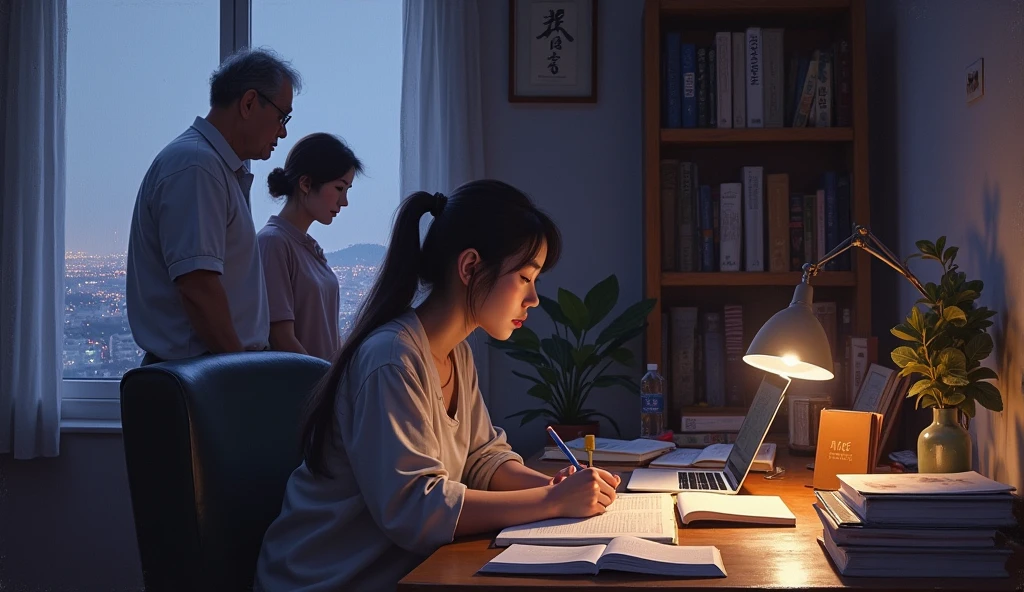 A stunning oil painting of a young beautiful Korean woman studying, her elderly parents standing behind her feels proud at her, beautifully portrayed with a lost and melancholic expression. In the soft glow of a study lamp, a she sits in her comfortable chair, surrounded by the organized chaos of study materials. Her desk is cluttered with open books, a laptop, and a mobile phone, each item a tool in her quest for knowledge. The window beside her at a distance, reveals the deep blue of night time, with the city lights faintly glimmering in the distance. The room is bathed in a warm, focused light that contrasts with the cool darkness outside, creating a serene, studious atmosphere., adding to the sense of unease. The painting exhibits a dream-like, impressionistic style, with visible brushstrokes that create a sense of depth and texture. The color palette primarily consists of deep purples, greys, and blacks, evoking a depressive atmosphere. side view