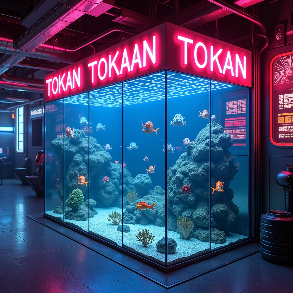 In a room there is a cyberpunk aquarium, with neon lights and it says TOKAAN on the wall
