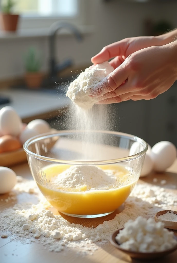 Put flour on the mixed sugar, oil and eggs