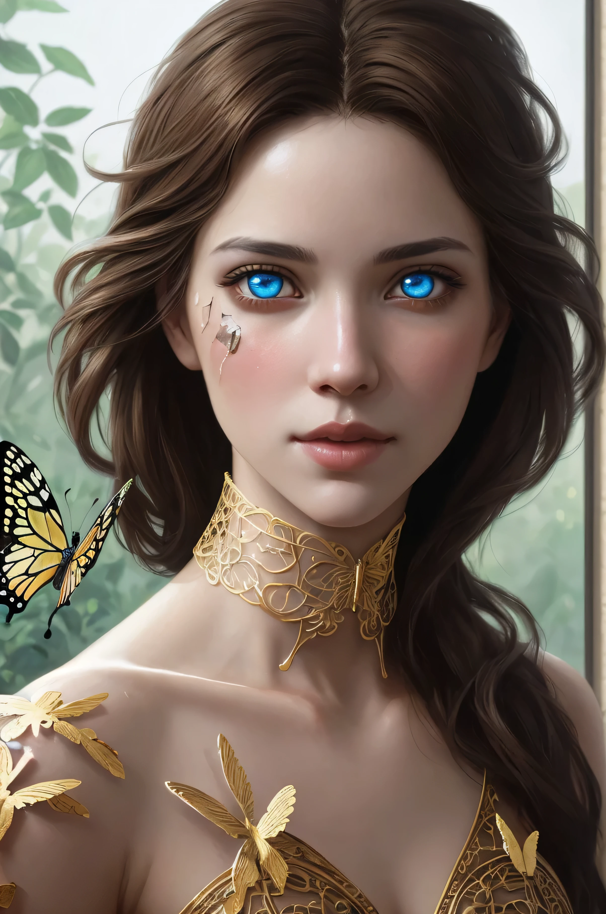 8k portrait of beautiful cyborg with brown hair, intricate, elegant, highly detailed, majestic, digital photography, art by artgerm and ruan jia and greg rutkowski surreal painting gold butterfly filigree, broken glass, (masterpiece, sidelighting, finely detailed beautiful eyes: 1.2), hdr, (detailed background window to a new dimension, plants and flowers:0.7) infinity, infinite symbol,
