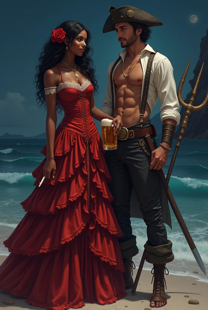 black woman smiling, tall and thin, very long black curly hair with a red rose, wearing a medieval dress with 7 ruffles in red with white details, in the left hand a cigarette, on the right a mug of beer. Next to a sailor with fair skin and sensual eyes, with defined abs, pirate hat and trident in hand. In the background a nocturnal sea. PICTURE REALISTIC