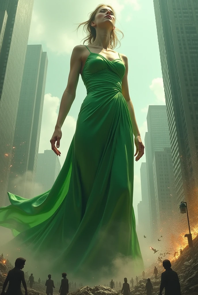 A women wearing green satin elegant her size increases and becomes a giant destroying citys she farts and people are running from her and she becomes even bigger so big that is looking at small people