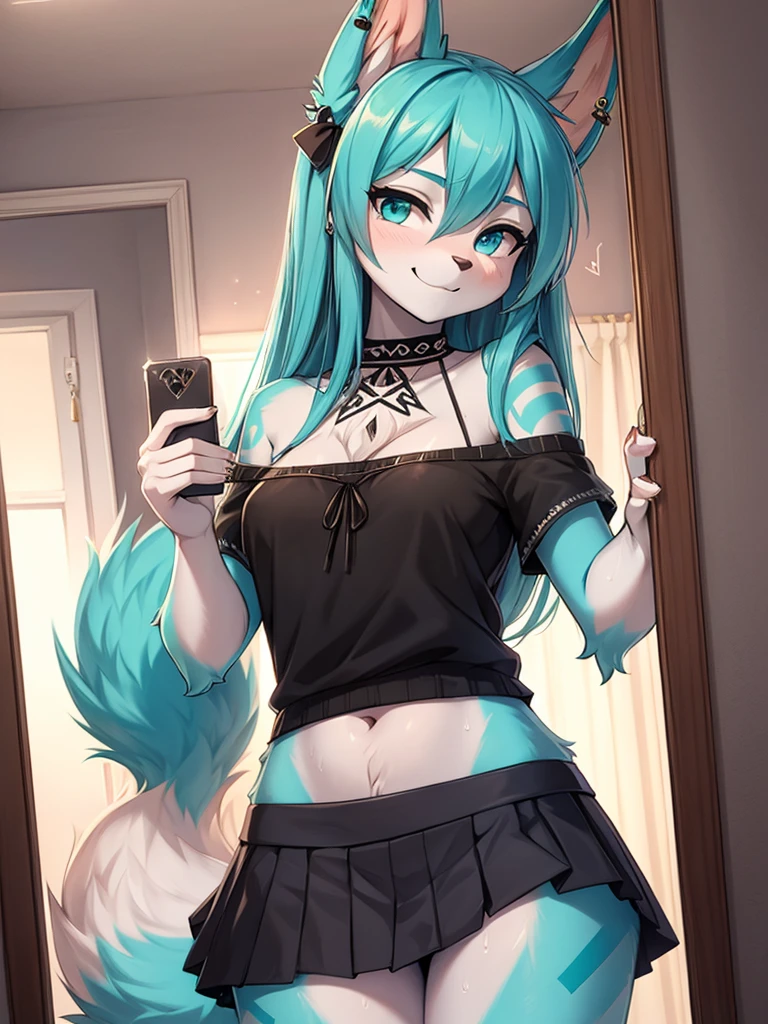 Miku Hatsune, add high definition_detail:1, blue fur,kitsune ears, tribal tattoo add_detail:1, She takes a selfie in front of the mirror in a room during a full moon showing off her beautiful figure and her outfit. (black blouse bare shoulders, pleated mini skirt)sweaty body add_details:1, smiling add_detailsl:1, ear piercing add_detail:1