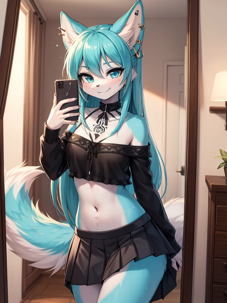 Miku Hatsune, add high definition_detail:1, blue fur,kitsune ears, tribal tattoo add_detail:1, She takes a selfie in front of the mirror in a room during a full moon showing off her beautiful figure and her outfit. (black blouse bare shoulders, pleated mini skirt)sweaty body add_details:1, smiling add_detailsl:1, ear piercing add_detail:1