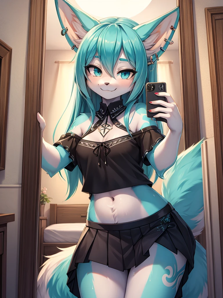 Miku Hatsune, add high definition_detail:1, blue fur,kitsune ears, tribal tattoo add_detail:1, She takes a selfie in front of the mirror in a room during a full moon showing off her beautiful figure and her outfit. (black blouse bare shoulders, pleated mini skirt)sweaty body add_details:1, smiling add_detailsl:1, ear piercing add_detail:1