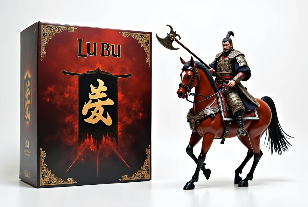 A 50cm action figure of Lu Bu is riding a red-brown horse, holding a halberd in his hand. On the side, there is an action figure packaging box with an image of the Lu Bu action figure. The box is red, gold, and black, measuring 80×120cm, with the text "(Lu Bu)" on the background. There are hands, head, and effect parts of the action figure. The background is white.