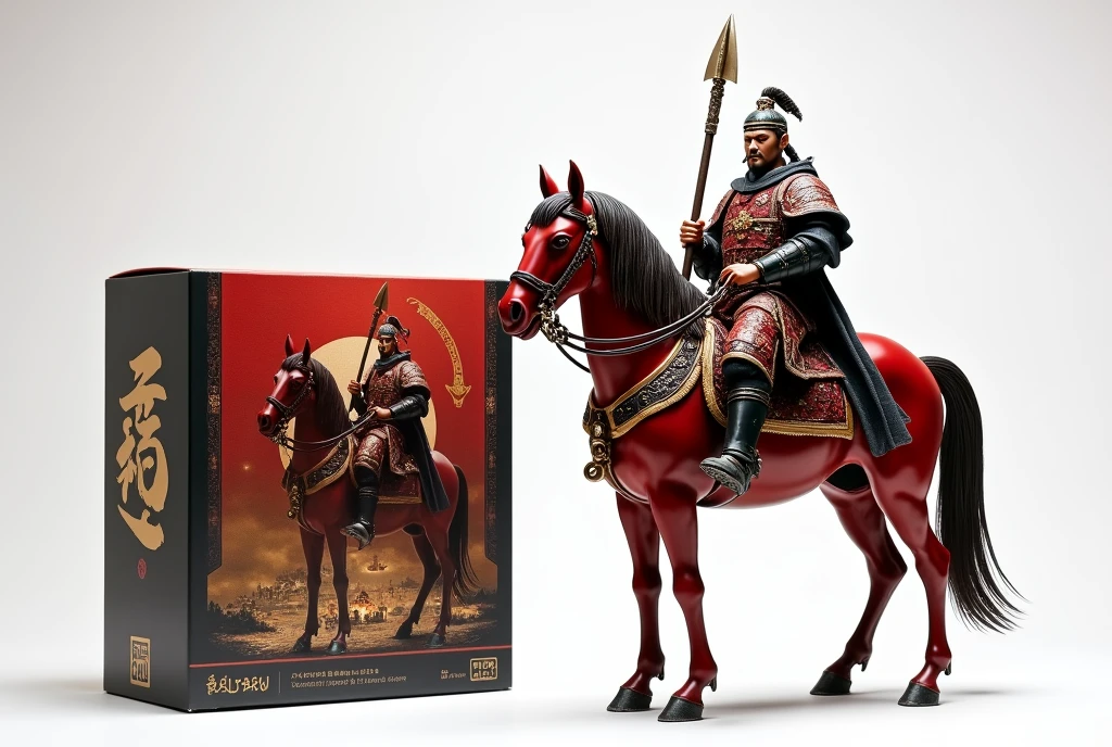 A 50cm action figure of Lu Bu is riding a red-brown horse, holding a halberd in his hand. On the side, there is an action figure packaging box with an image of the Lu Bu action figure. The box is red, gold, and black, measuring 80×120cm, with the text "(Lu Bu)" on the background. There are hands, head, and effect parts of the action figure. The background is white.