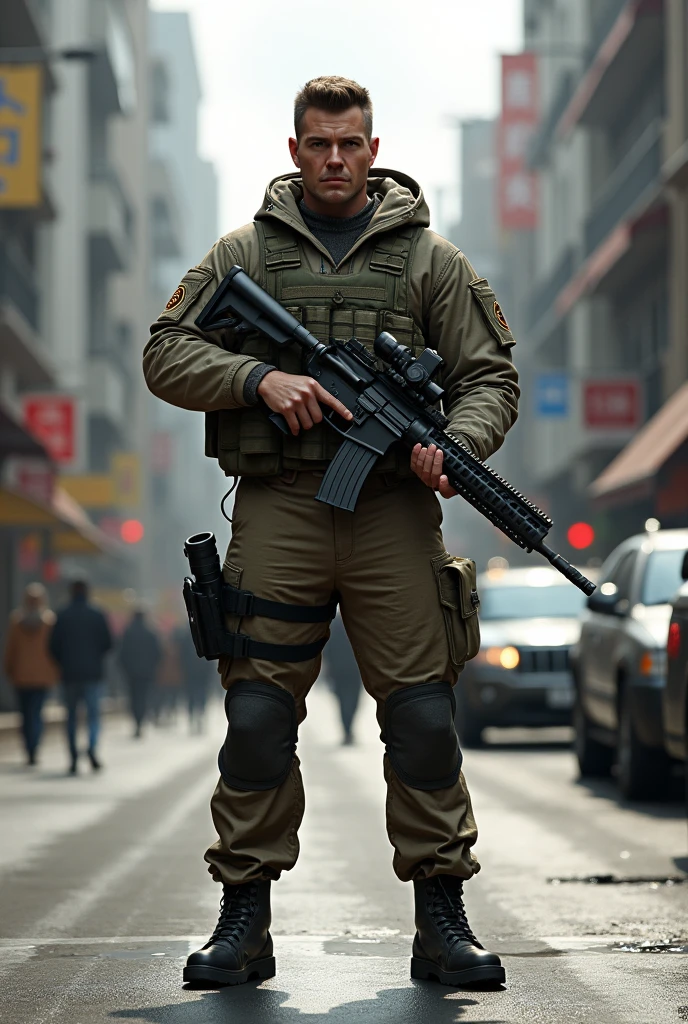 make me a prompt of a soldier in the street with complete body hands face and foot side view or front view whole body