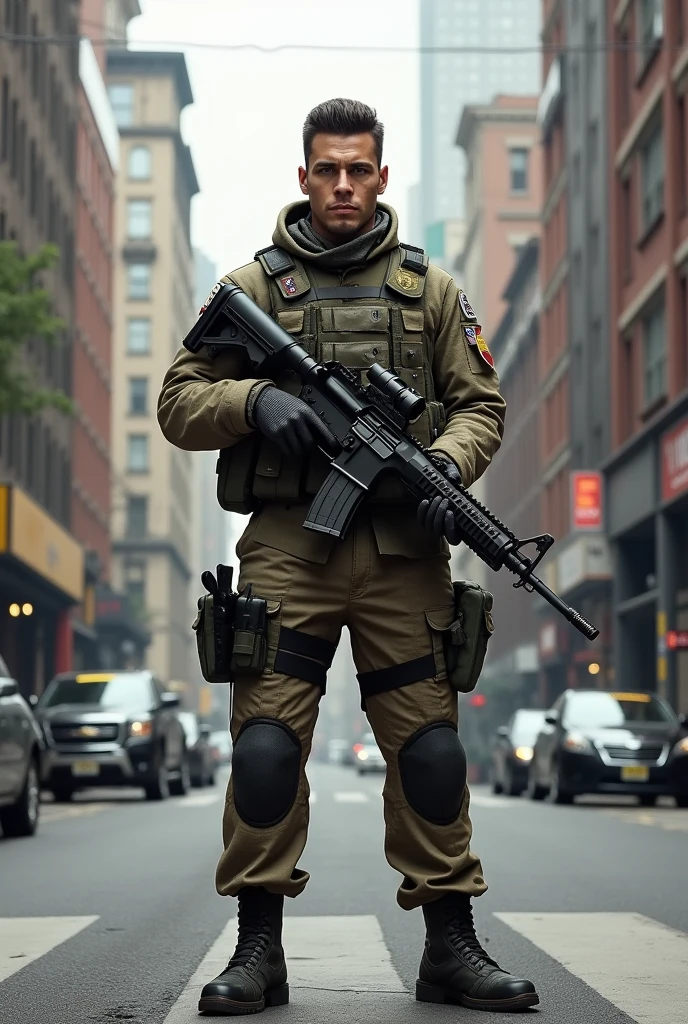 make me a prompt of a soldier in the street with complete body hands face and foot side view or front view whole body