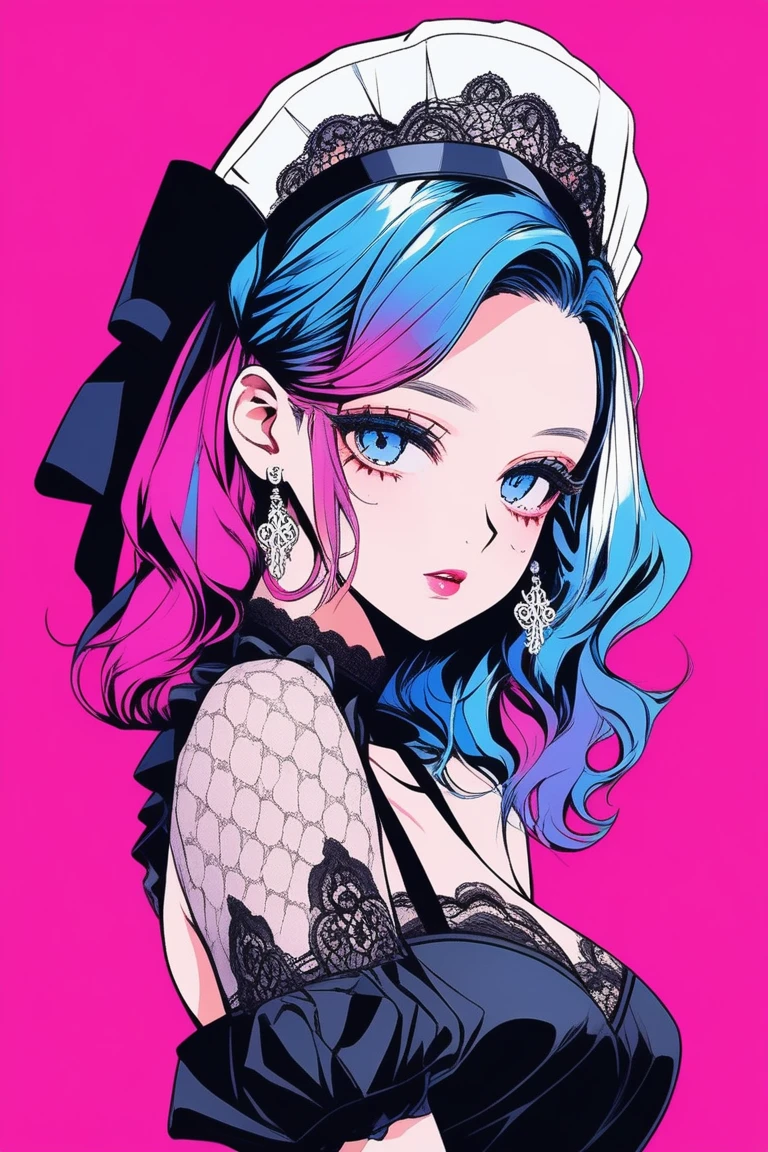 Illustrator, anime , Realistic ,sketch , 1 person, model, Age 25, lip, Sexy and revealing black lace maid outfit, order, Blue and pink gradient background, Neon Hair, Big Breasts, Her cleavage is visible, look back, Upper body close-up, Sexy look, Texture Trim, Russia, (masterpiece,Highest quality)
