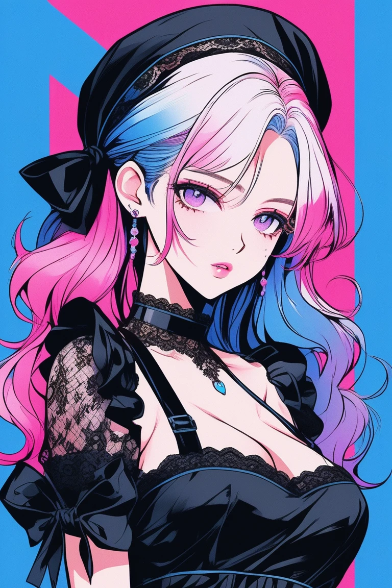 Illustrator, anime , Realistic ,sketch , 1 person, model, Age 25, lip, Sexy and revealing black lace maid outfit, order, Blue and pink gradient background, Neon Hair, Big Breasts, Her cleavage is visible, look back, Upper body close-up, Sexy look, Texture Trim, Russia, (masterpiece,Highest quality)