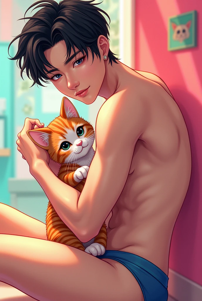 Full body, skinny korean guy only wearing    with a little muscel in a idol pose holding a cute cat in anime style