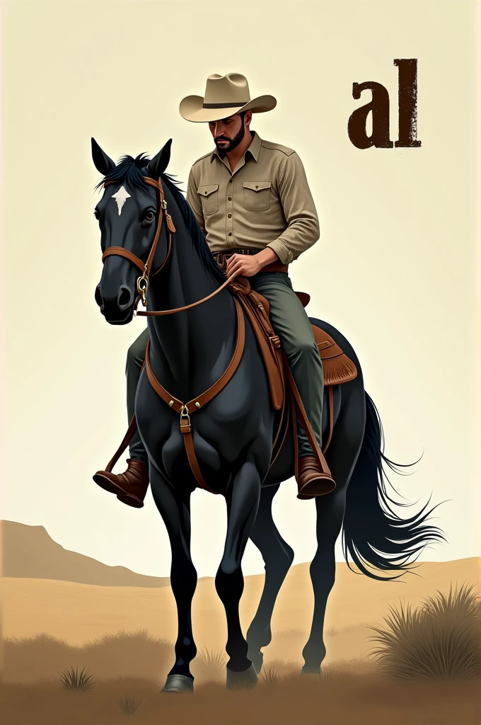 create an illustration of a 20 year old cowboy, with a white hat and head down, riding a black quarter horse, with the letters "al" No canto superior direito