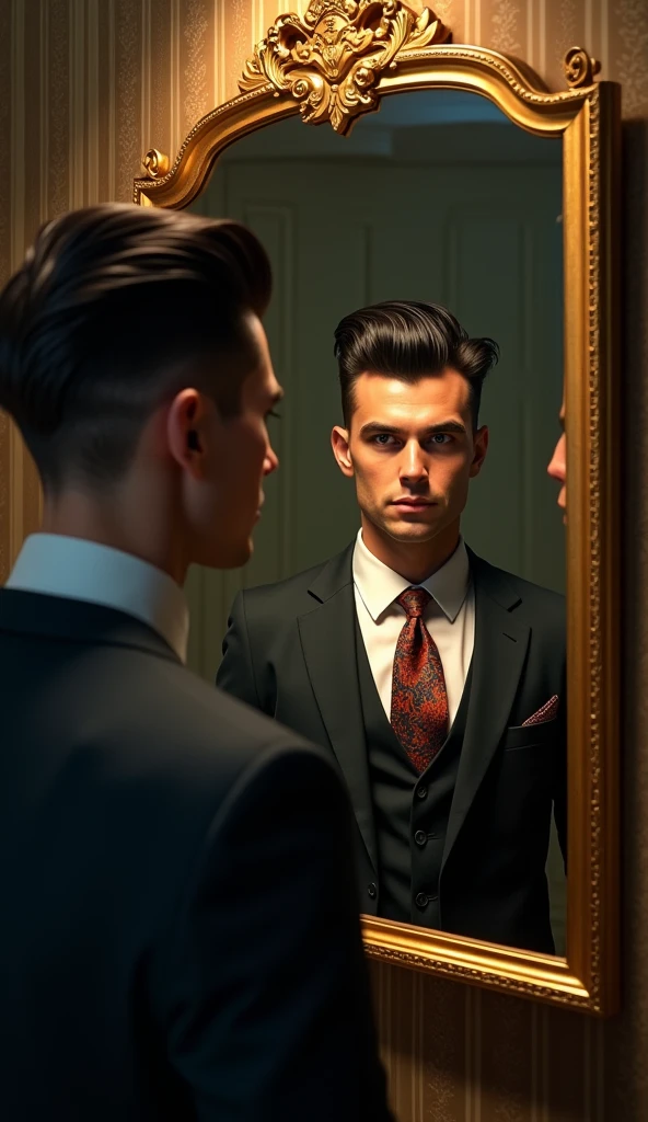 create an image of a man with hair and a pompadour in front of the mirror