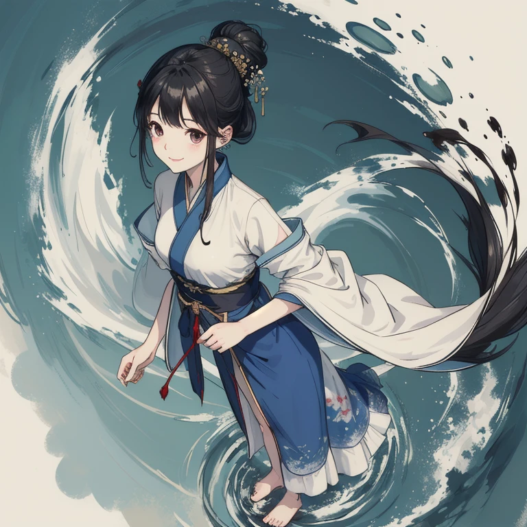 ((4k,masterpiece,Best Quality)), shuimobysim, traditional chinese ink painting, heart, Hanfu, maxiskirt, dress conservatively 1 girl, Alone, long blue fur, smile, standing, feet in the water, barefoot,