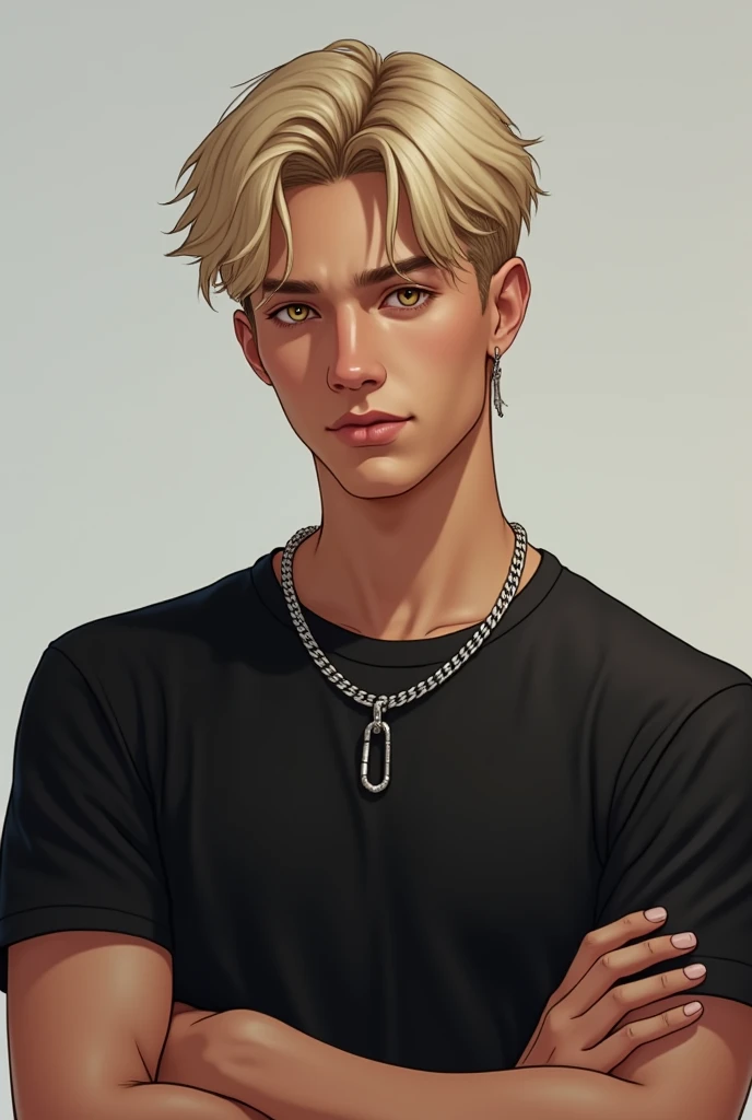 Create a realistic image of a boy, handsome and slim, with light blonde hair, very short and combed to one side. The man has a serious but attractive expression, with honey-colored eyes that capture the light. He wears a thick silver chain hanging from his neck.. The boy is wearing a black t-shirt, has visible hands, posed naturally in front of him or to the sides, with a relaxed posture. The background should be simple and neutral, allowing the main focus to be on the boy's face, Her hands, and their facial details. short hair (delgado) whole body
