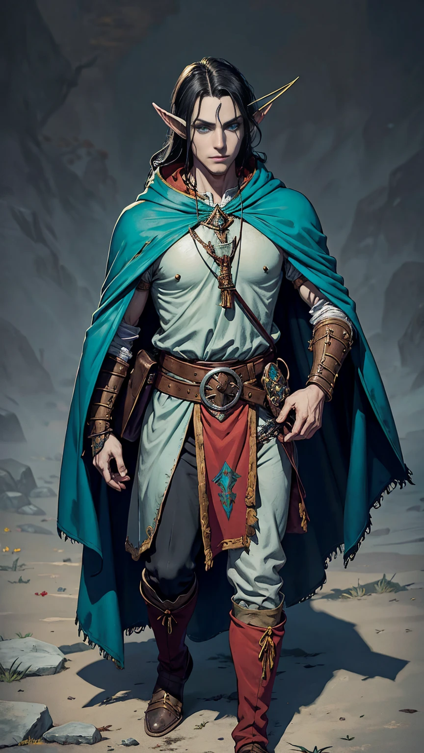 warhammer fantasy roleplay art style , high elf, medieval clown costume, black hair, turquoise eyes, full body, wearing backpack with bedroll, belt pouch, cloak, violin, no weapon, no weapons, desaturated clothing, dark fantasy accessories, no wristbands