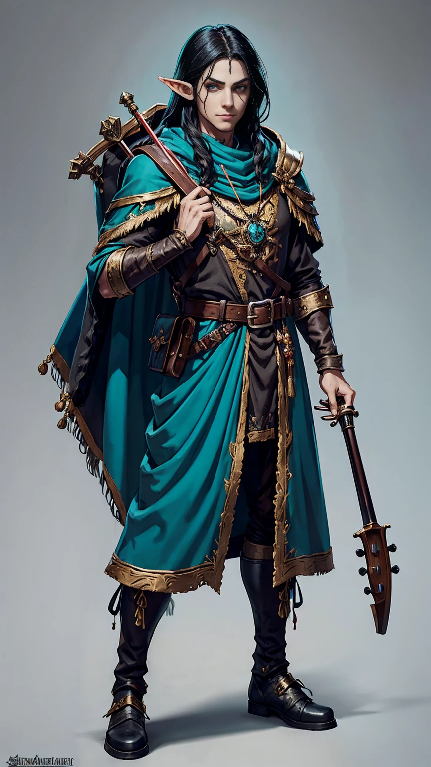 warhammer fantasy roleplay art style , high elf, medieval clown costume, black hair, turquoise eyes, full body, wearing backpack with bedroll, belt pouch, cloak, violin, no weapon, no weapons, desaturated clothing, dark fantasy accessories, no wristbands
