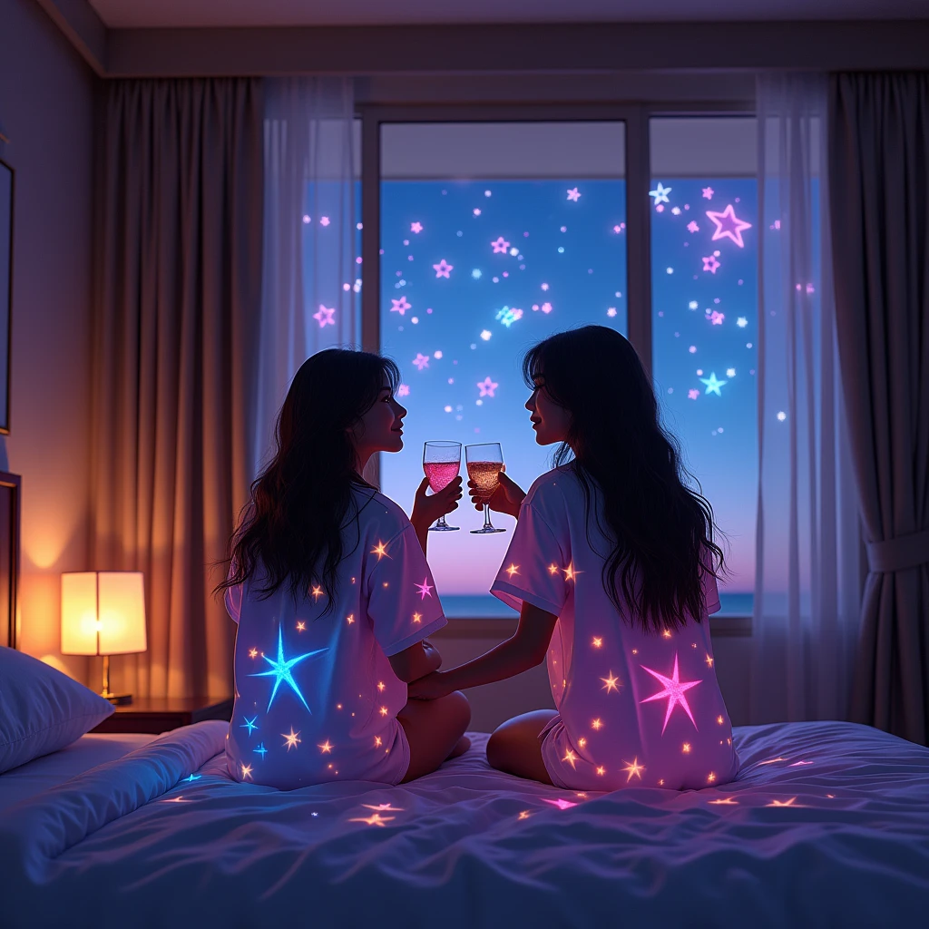 (Photorealism:1.2), Two young women 、Resort hotel bedroom.(Open chest).Night Sky((Glowing short sleeve pajamas))、Colorful star pattern neon.8k.((Realistic photos)).((China Girl))、Glowing color hair、Drink a drink、