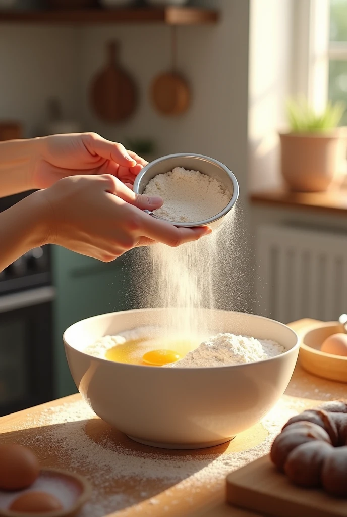 Put flour on the mixed sugar, oil and eggs with a cup