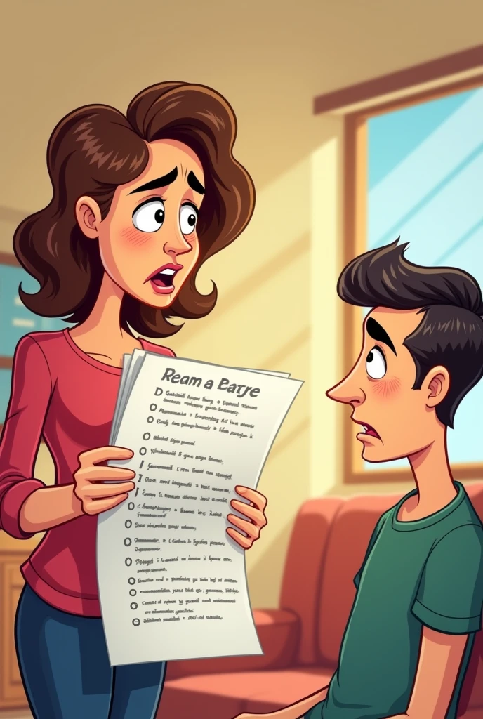 Complaining Wife holding a long list and reading in front of husband generate cartoon image