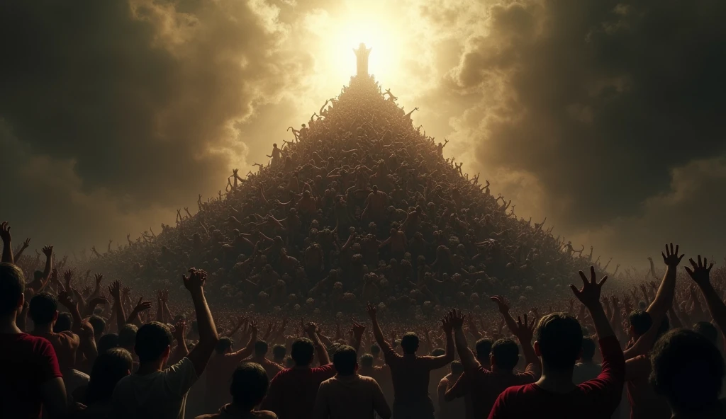 A chaotic scene of countless people desperately climbing over each other, stepping on each other, creating a towering pile of humans. The crowd is struggling to reach the top, where a divine light shines down from above. The atmosphere is dark and serious, with a stark contrast between the shadows and the radiant light at the summit, cinematic, gritty intense