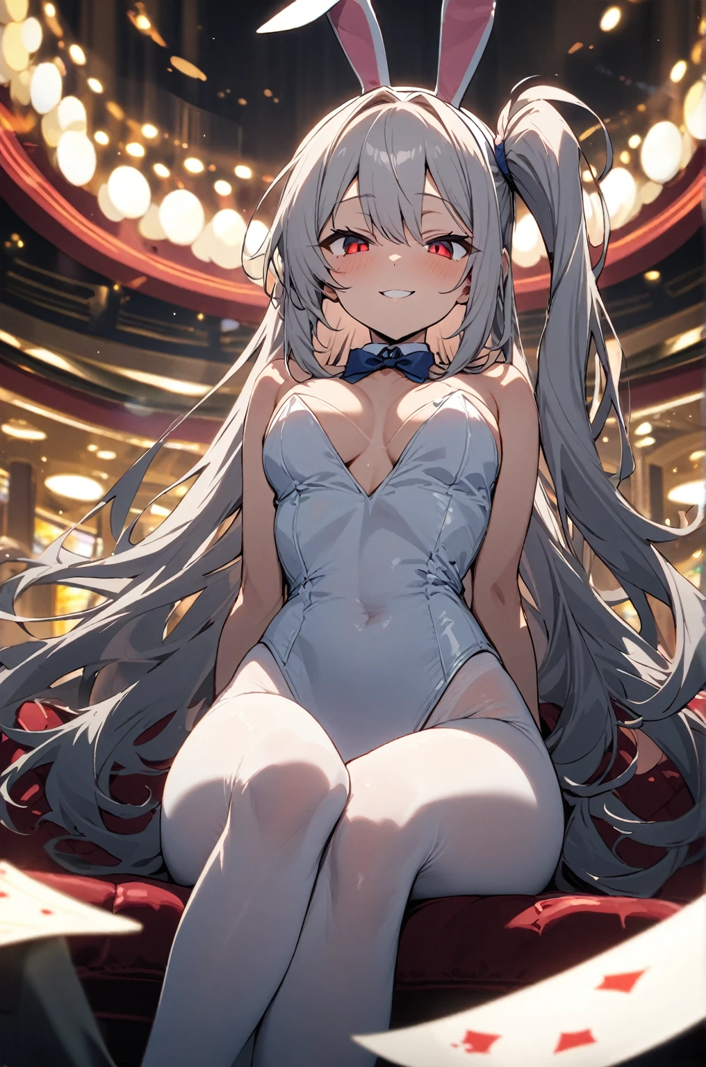 masterpiece, best quality, cinematic lighting, 1girl, a handsome girl, cowboy shot, looking at viewer, in casino, silver hair, very long hair, long side up hair, long side ponytail, red eyes, droopy eyes, naughty smile, white playboy bunny, white pantyhose, fake animal ears, white bunny ears, clothes reflecting light, /sitting, crossing legs/