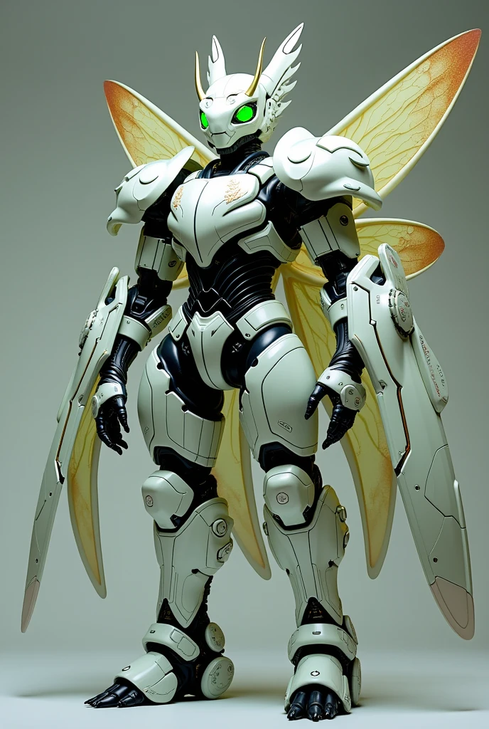 1 robot, aura machine, aura battler Dunbine, humanoid cyborg dragon, 2 meters tall, bioroid, cyborg with beetle and dragon characteristics, helmet with oriental dragon motif parts, two insect compound eyes, Shiny armor panels that closely resemble the outer shell of a beetle, beautiful white armor color and green polarization, and a vegetative and muscular internal frame, Elytra on the back, 4 dragon wings and thrusters stored inside the elytra, insect wing veins on the dragon wing skeleton